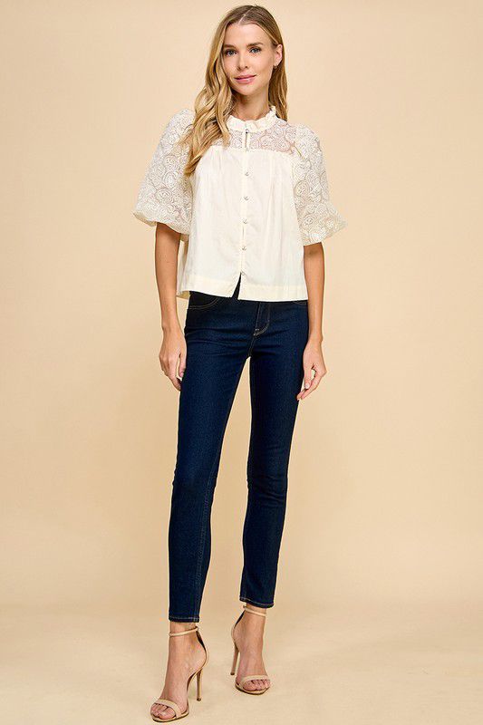 Sweet Cream Elegant Textured Sleeves Blouse