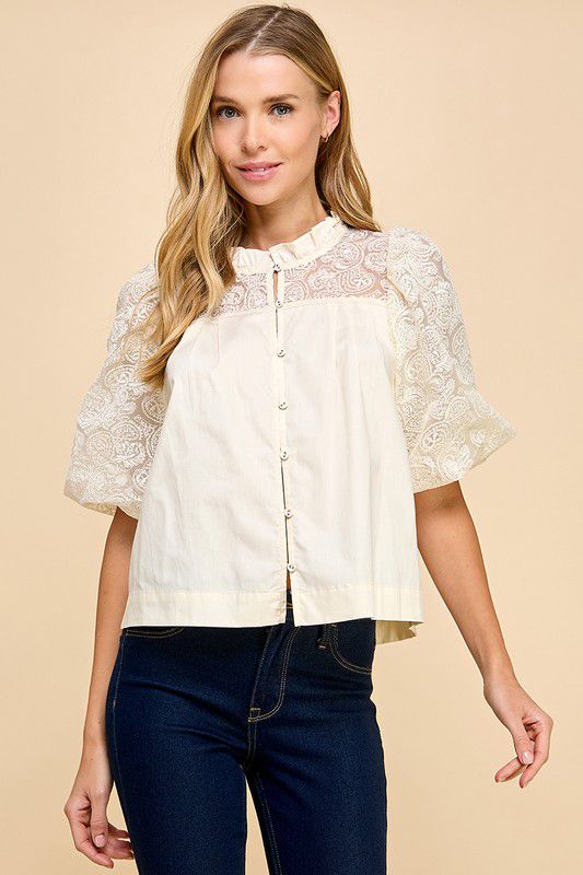 Sweet Cream Elegant Textured Sleeves Blouse