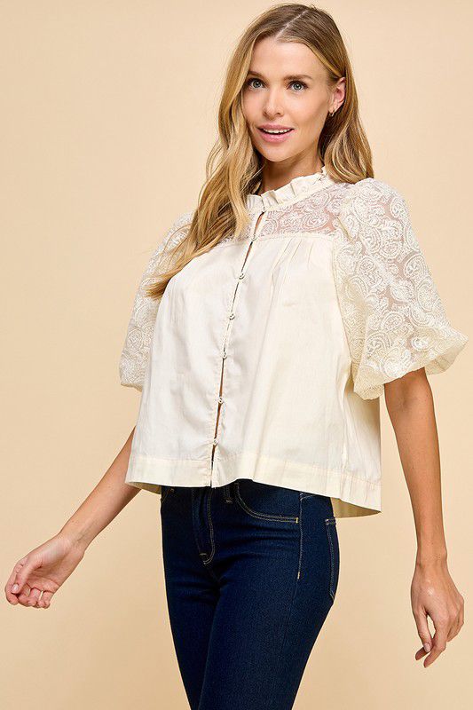 Sweet Cream Elegant Textured Sleeves Blouse