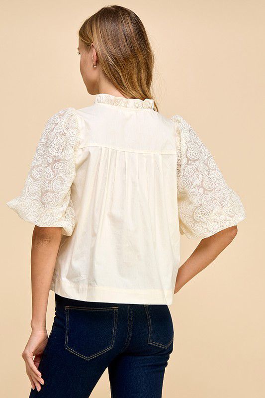 Sweet Cream Elegant Textured Sleeves Blouse