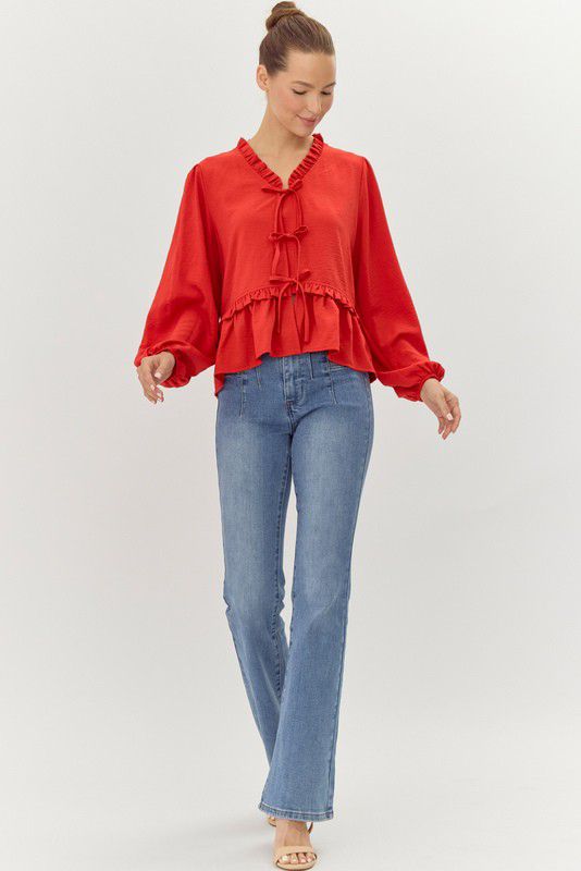 Olivia Solid Ribbon Tie Peplum Top