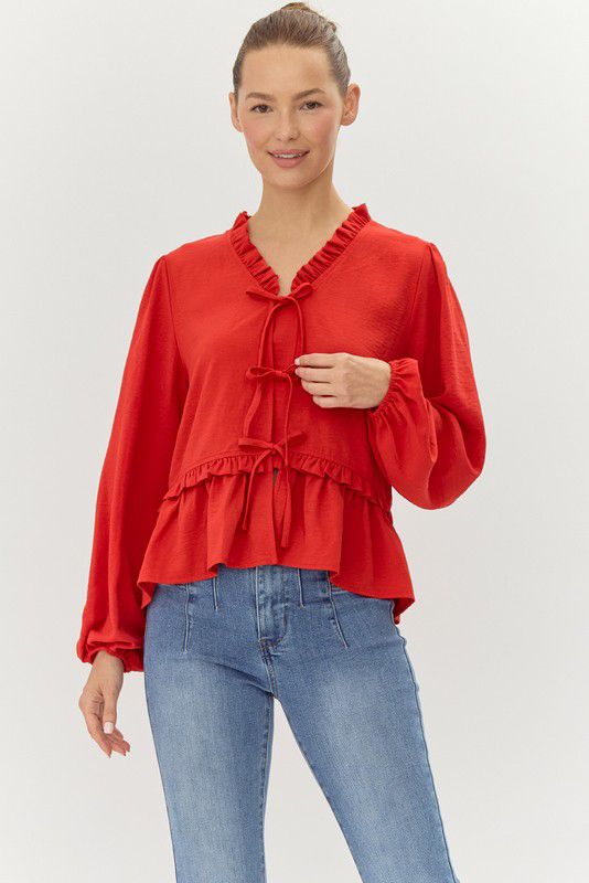 Olivia Solid Ribbon Tie Peplum Top