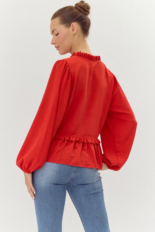 Olivia Solid Ribbon Tie Peplum Top