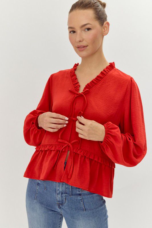 Olivia Solid Ribbon Tie Peplum Top