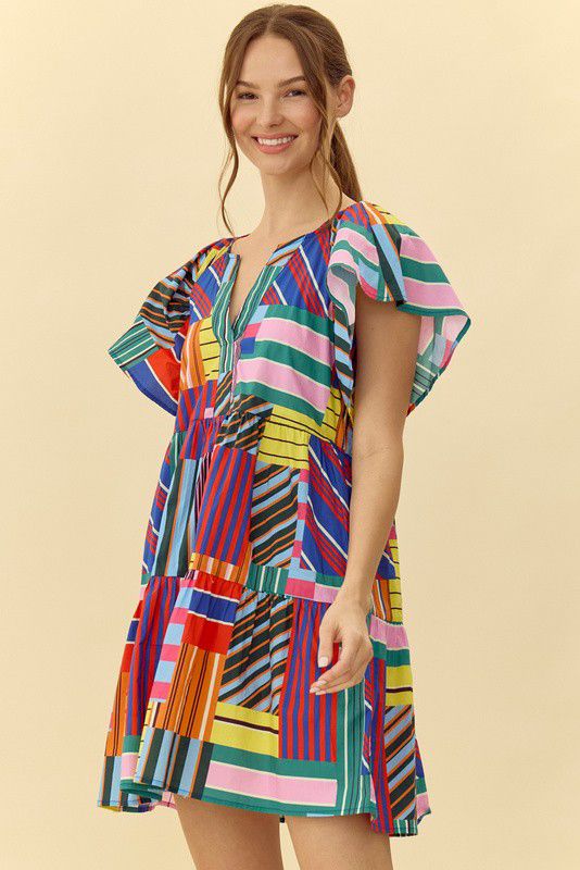 Maze Colorful Print Bell Sleeves Dress