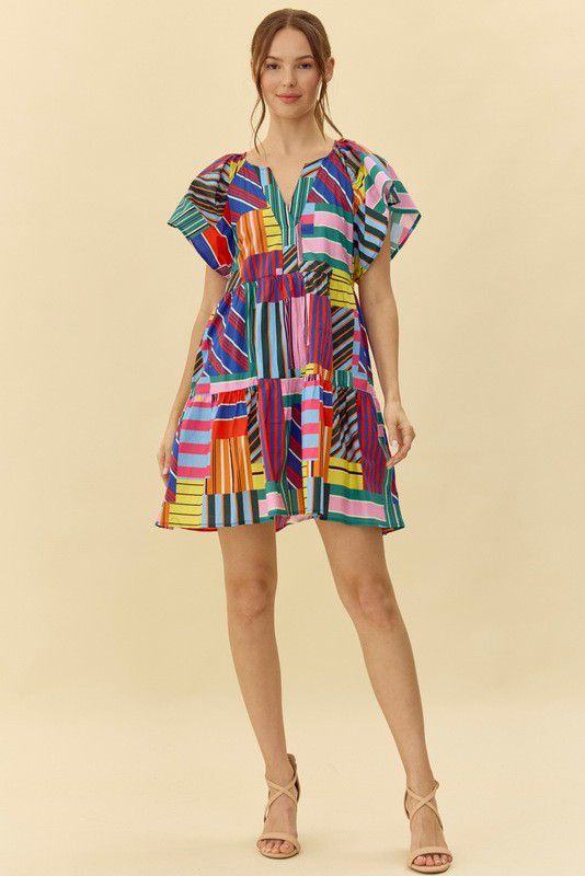 Maze Colorful Print Bell Sleeves Dress