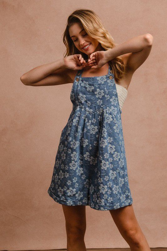 Rose Floral Embroidered Denim Short Overall with Pockets