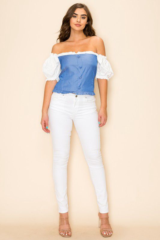 White Denim Off Shoulder Cloud Top