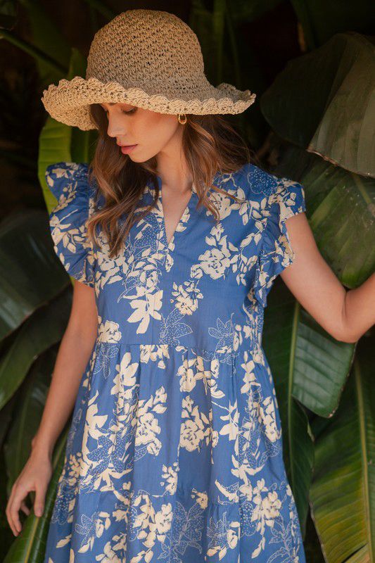 Floral Printed V Neck Frill Tiered Dress