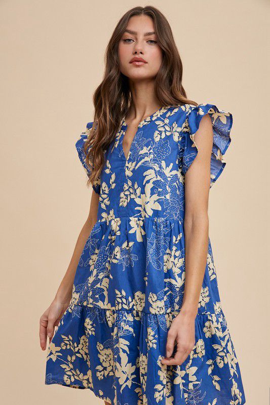Floral Printed V Neck Frill Tiered Dress