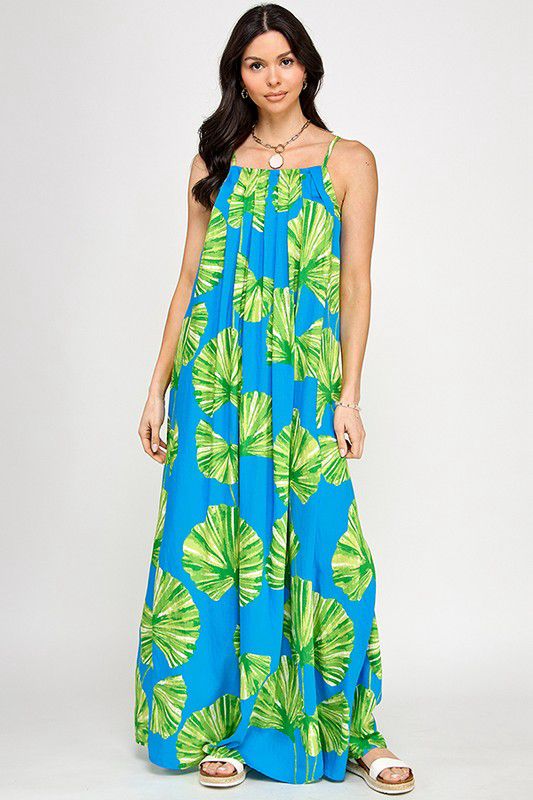 Resort Leaf Printed Halter Neck Pleated Maxi Dress