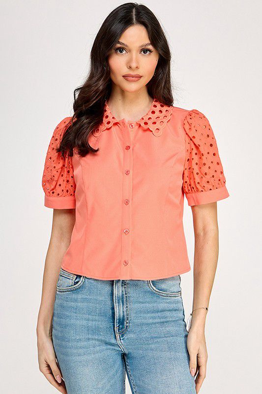 Daisy Eyelet Collar Flower Sleeve Fotted Shirt Top