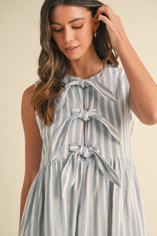 Vertical Striped Front Bow Detail Dress