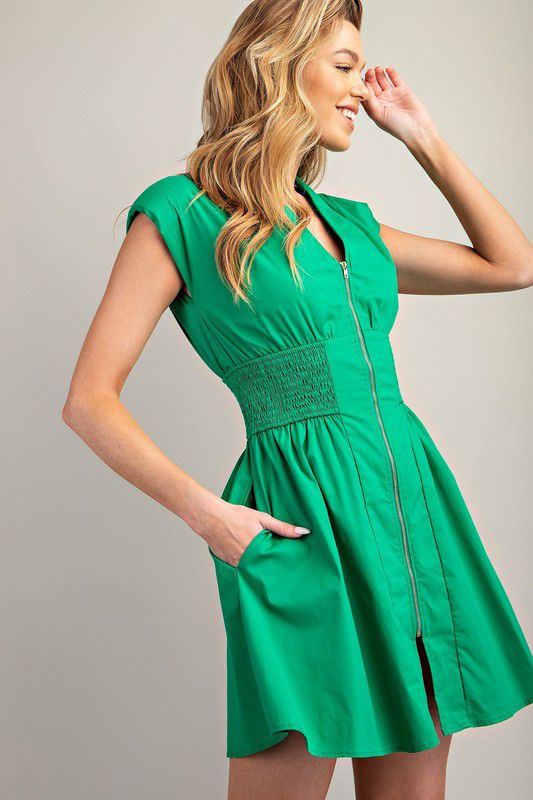 Hagar Green V-Neck Front Zip Mini Dress