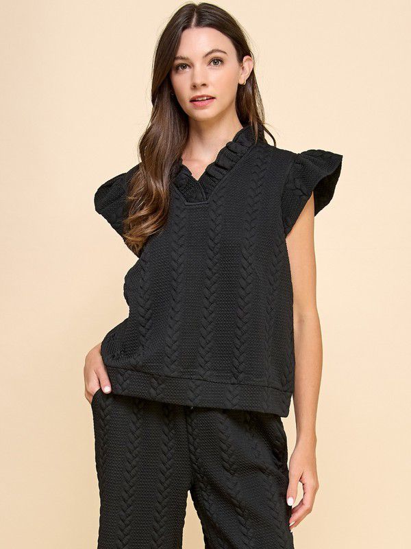 Ruby Black Textured Ruffle Top and Pant Traveler Set