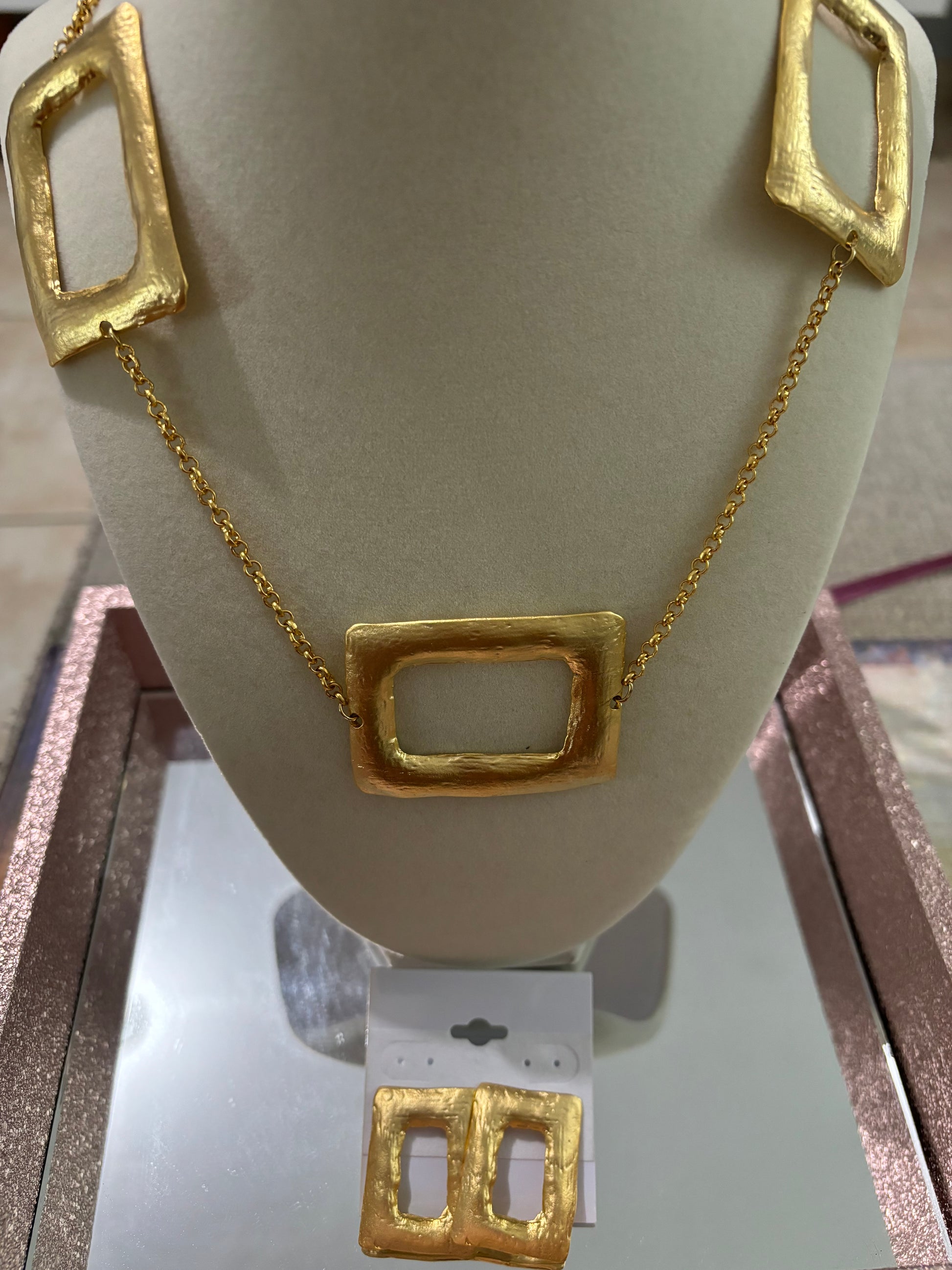 Gold Rectangle Squared Necklace and Earrings Set