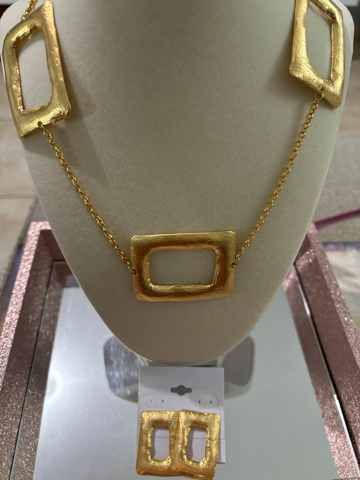 Gold Rectangle Squared Necklace and Earrings Set