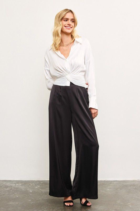 Judith Black Banded Satin Wide Leg Pants