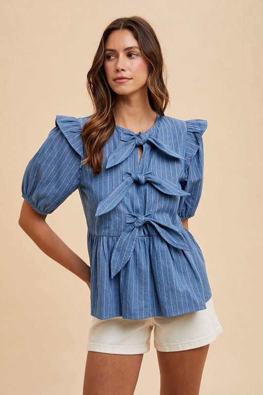 Stripe Front Bow Denim Peplum Top