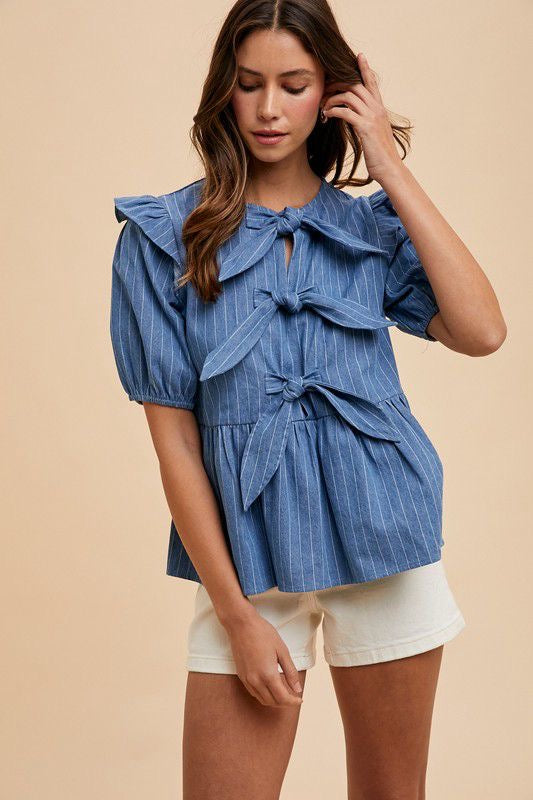 Stripe Front Bow Denim Peplum Top