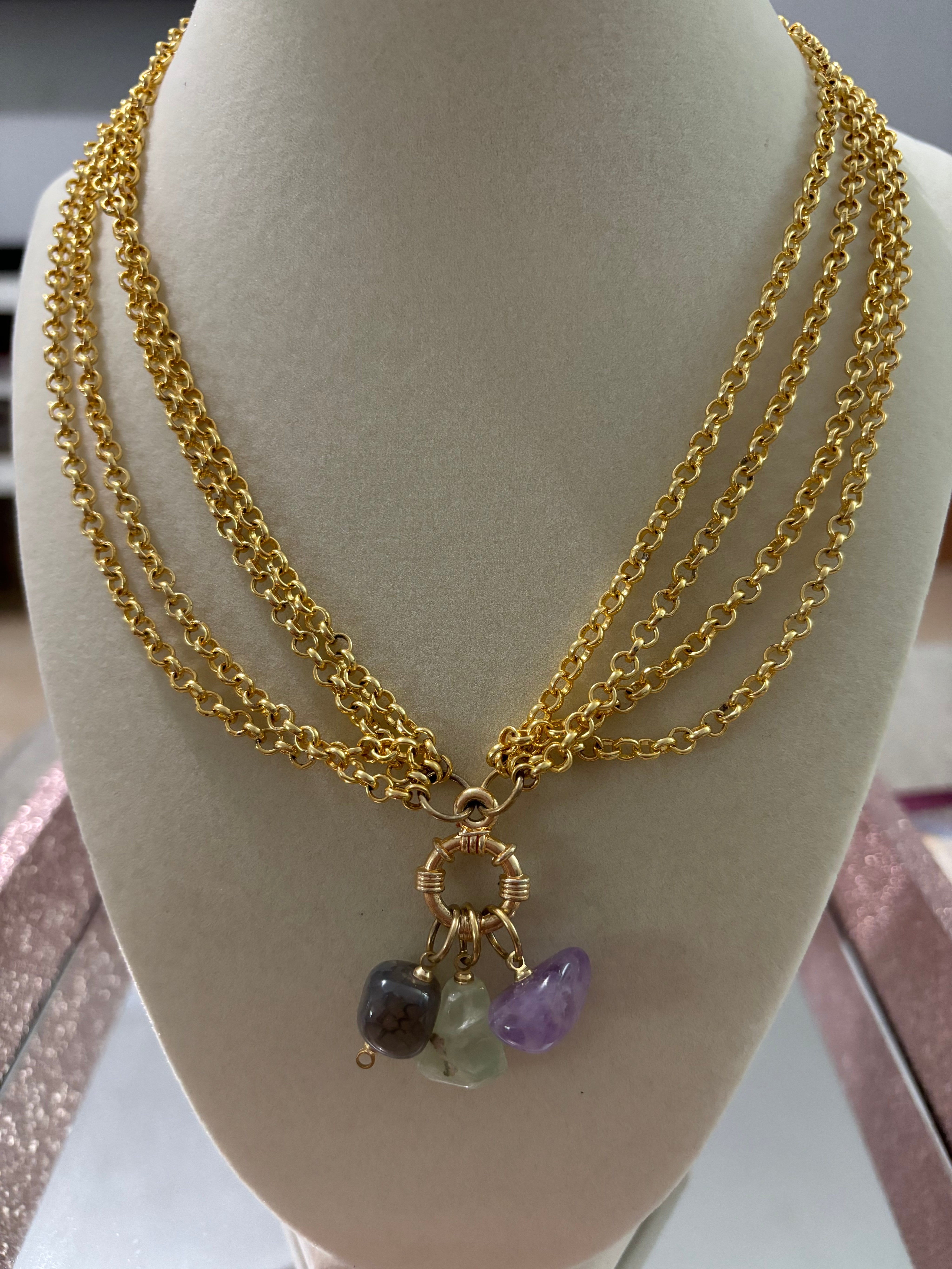 Three Gold Chain Necklace with Pastels Stones