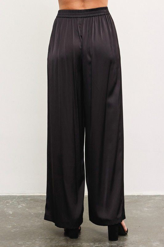 Judith Black Banded Satin Wide Leg Pants