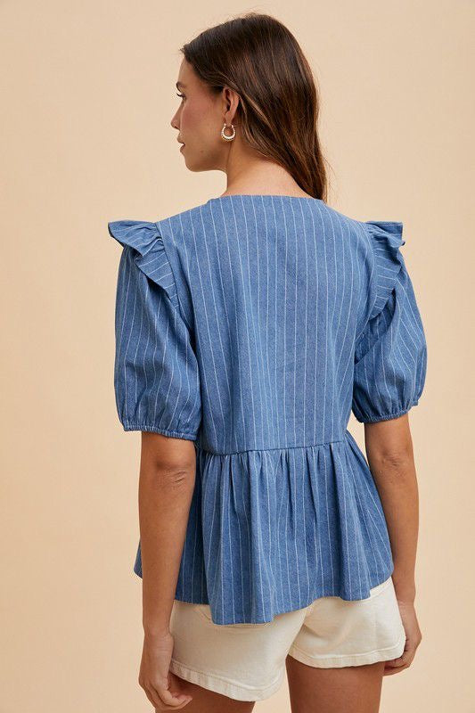Stripe Front Bow Denim Peplum Top