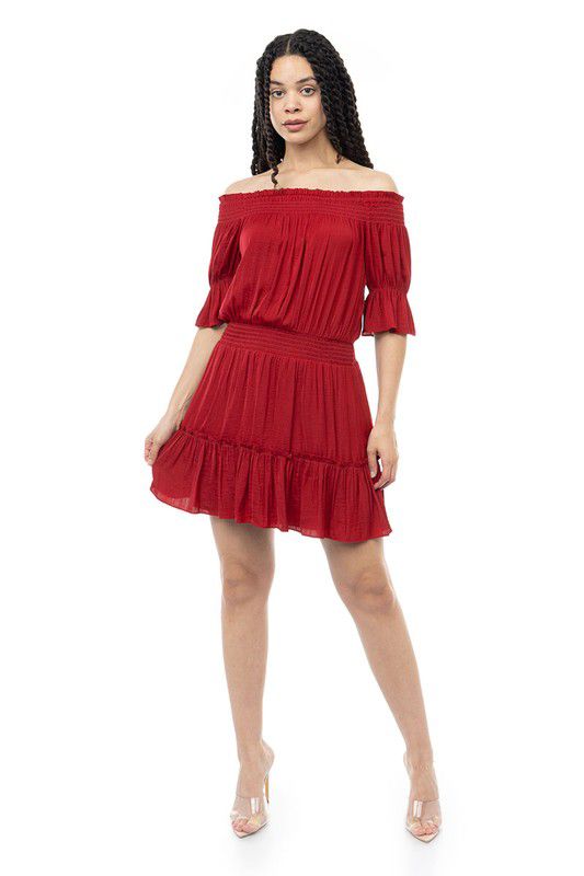 Scarlet Off Shoulder Smocked Short Dress