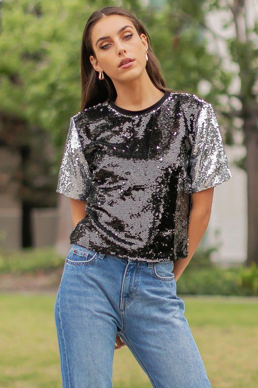 Galaxy Sequin Color Block Short Sleeve Top