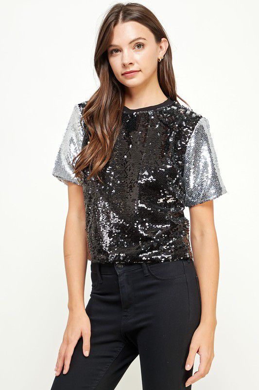 Galaxy Sequin Color Block Short Sleeve Top