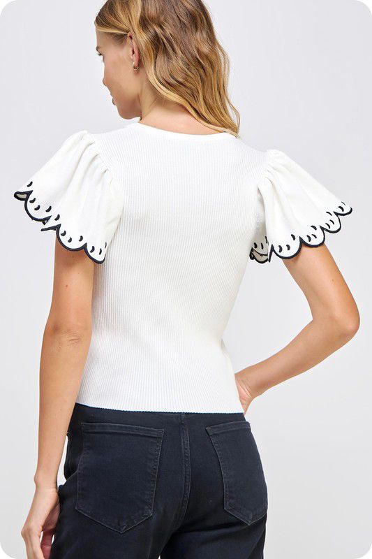 White Embroidered Scallop Flutter Sleeve Top