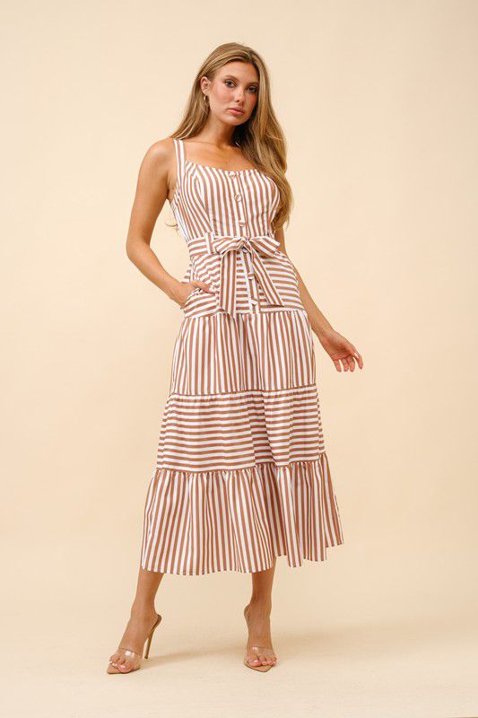 Belinda Striped Square Neck Tiered Midi Dress