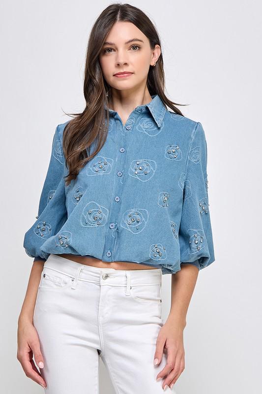 Short Sleeve Rhinestones Denim Blouse