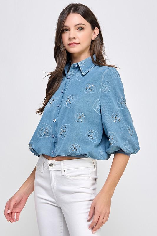 Short Sleeve Rhinestones Denim Blouse