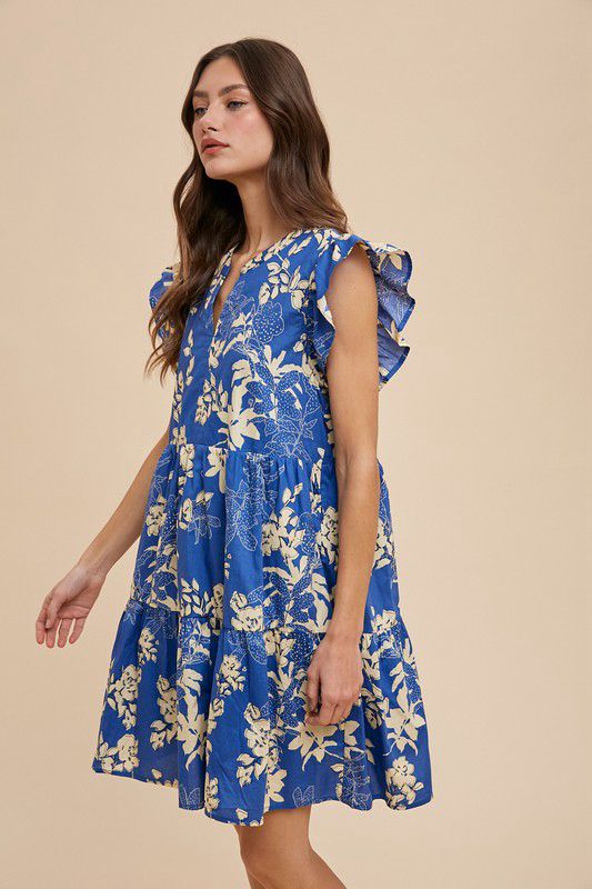 Floral Printed V Neck Frill Tiered Dress
