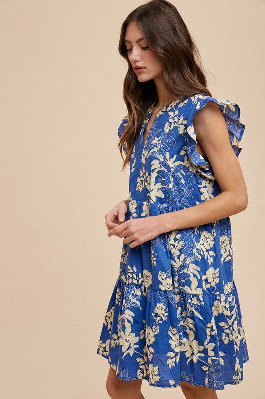 Floral Printed V Neck Frill Tiered Dress
