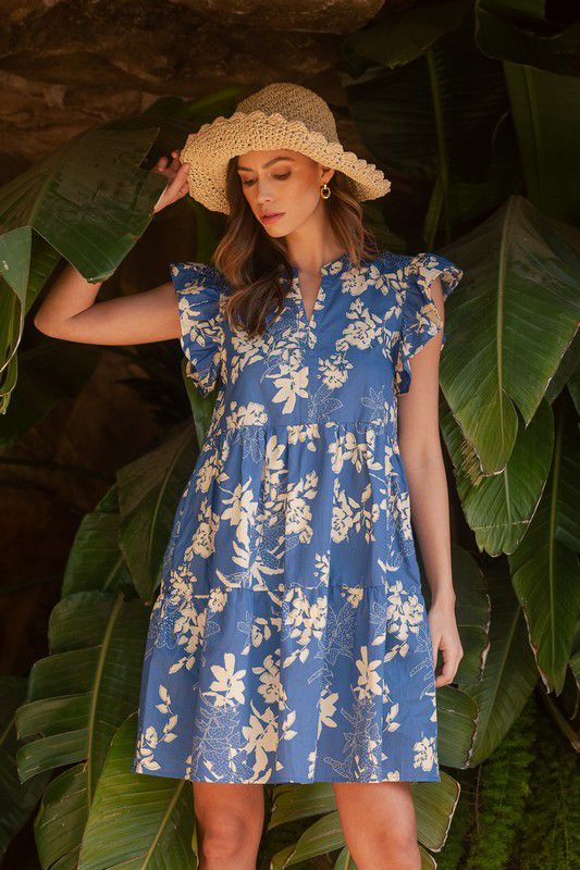 Floral Printed V Neck Frill Tiered Dress