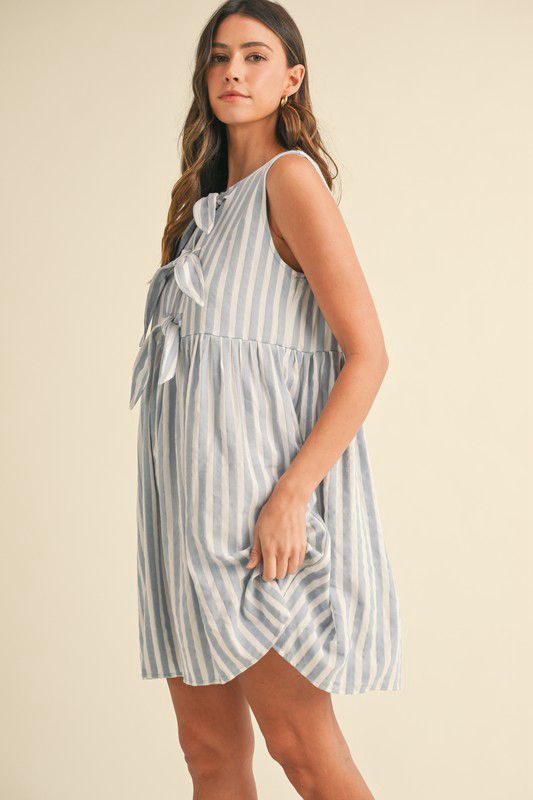 Vertical Striped Front Bow Detail Dress