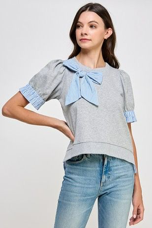 Rebecca Short Ribbon Detail Grey Top