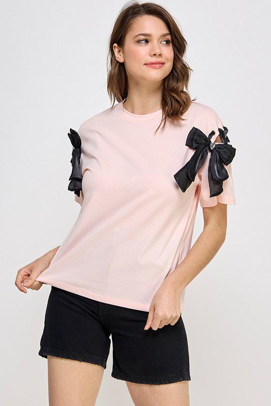 Naomi Ribbon Trick Neck T-Shirt - Peach