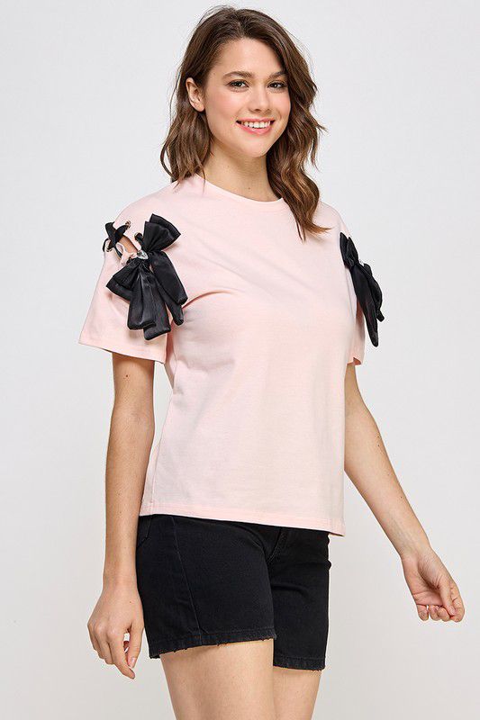 Naomi Ribbon Trick Neck T-Shirt - Peach