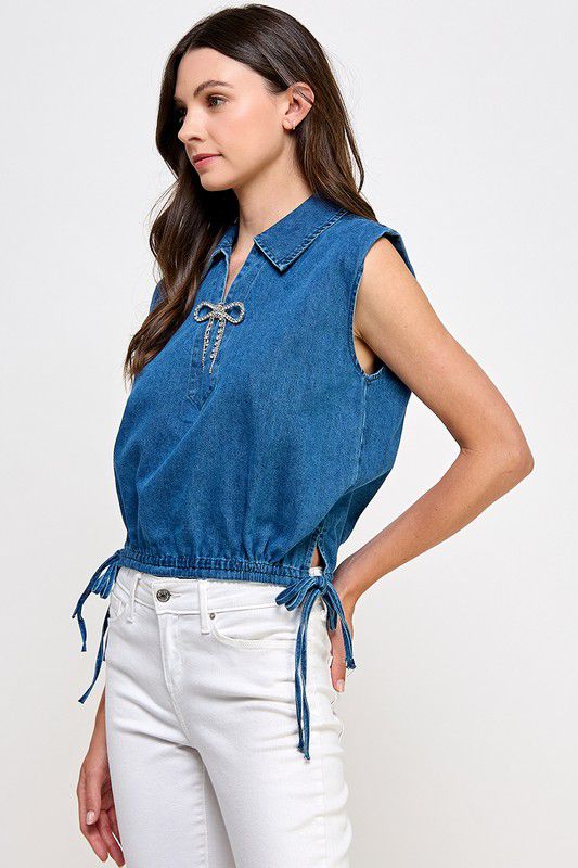 Rachel Sleeveless Rhinestone Ribbon Denim Top