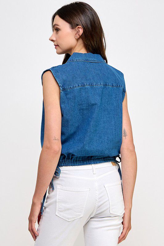 Rachel Sleeveless Rhinestone Ribbon Denim Top