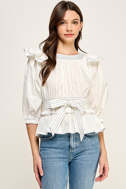 Rebekah White Elastic Band Neck Blouse with Belt