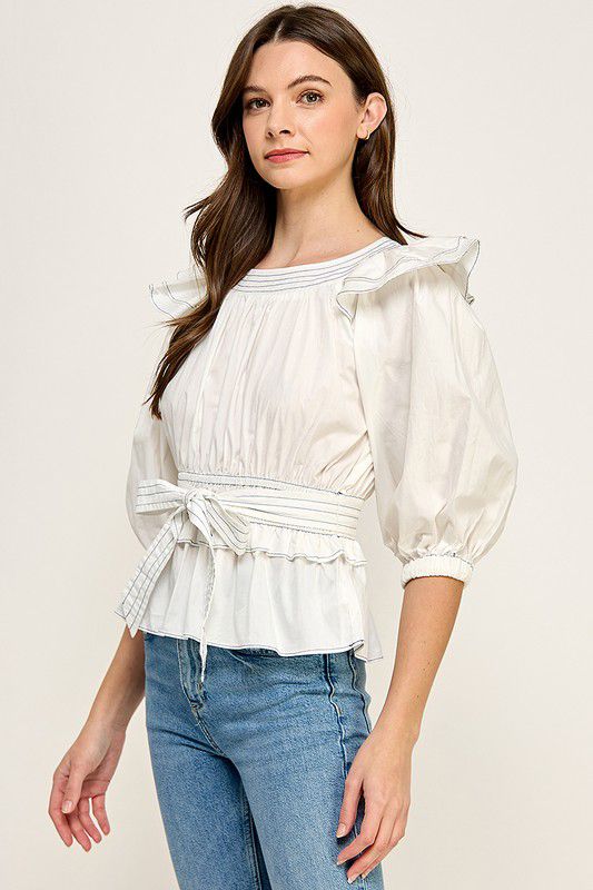 Rebekah White Elastic Band Neck Blouse with Belt