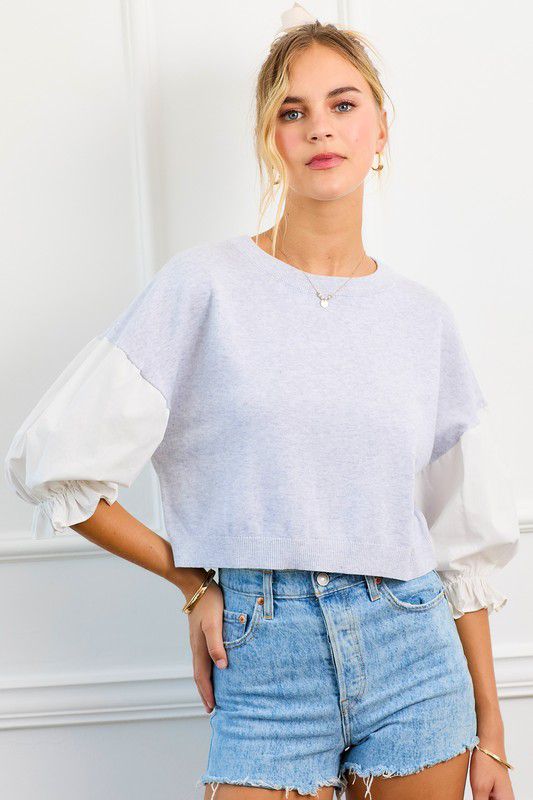 Keziah Grey and White Contrasting Poplin Sleeves Top