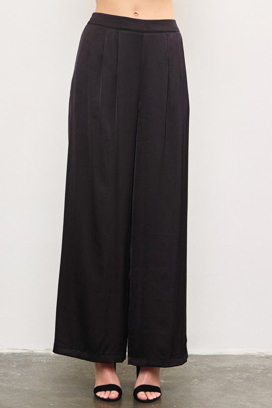 Judith Black Banded Satin Wide Leg Pants