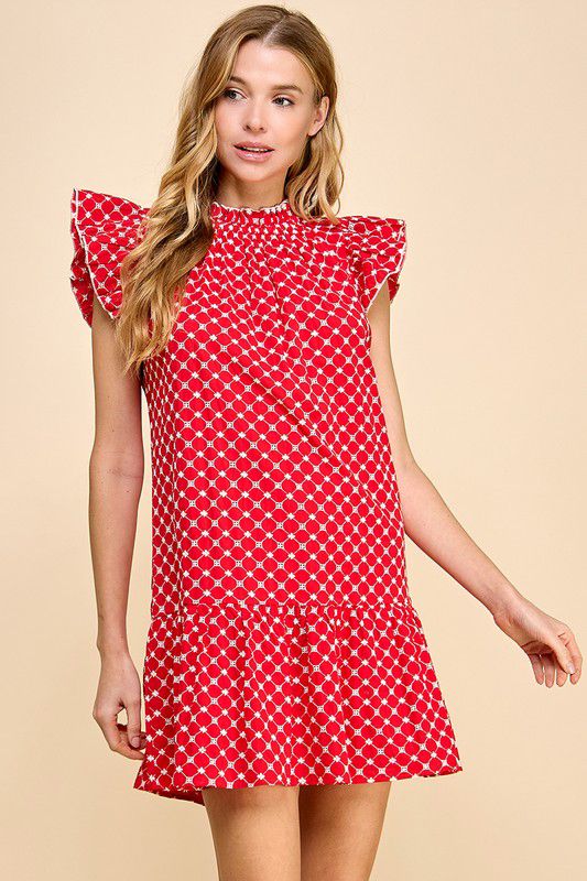 Keren Red Textured Dropped Waist Dress