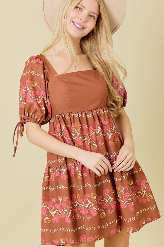 Olive Brown Puff Sleeve Mini Dress With Floral Border