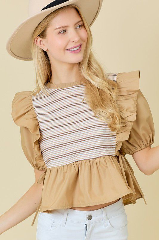 Eunice Taupe Contrast Stripe Ruffle Baby Doll Puff Sleeve Top